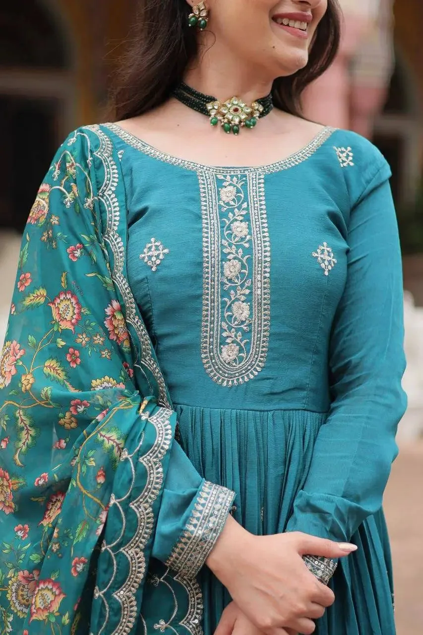 Get ready to shine with these stunning outfit Made from Chinon And Sequins Embroidered Work gown