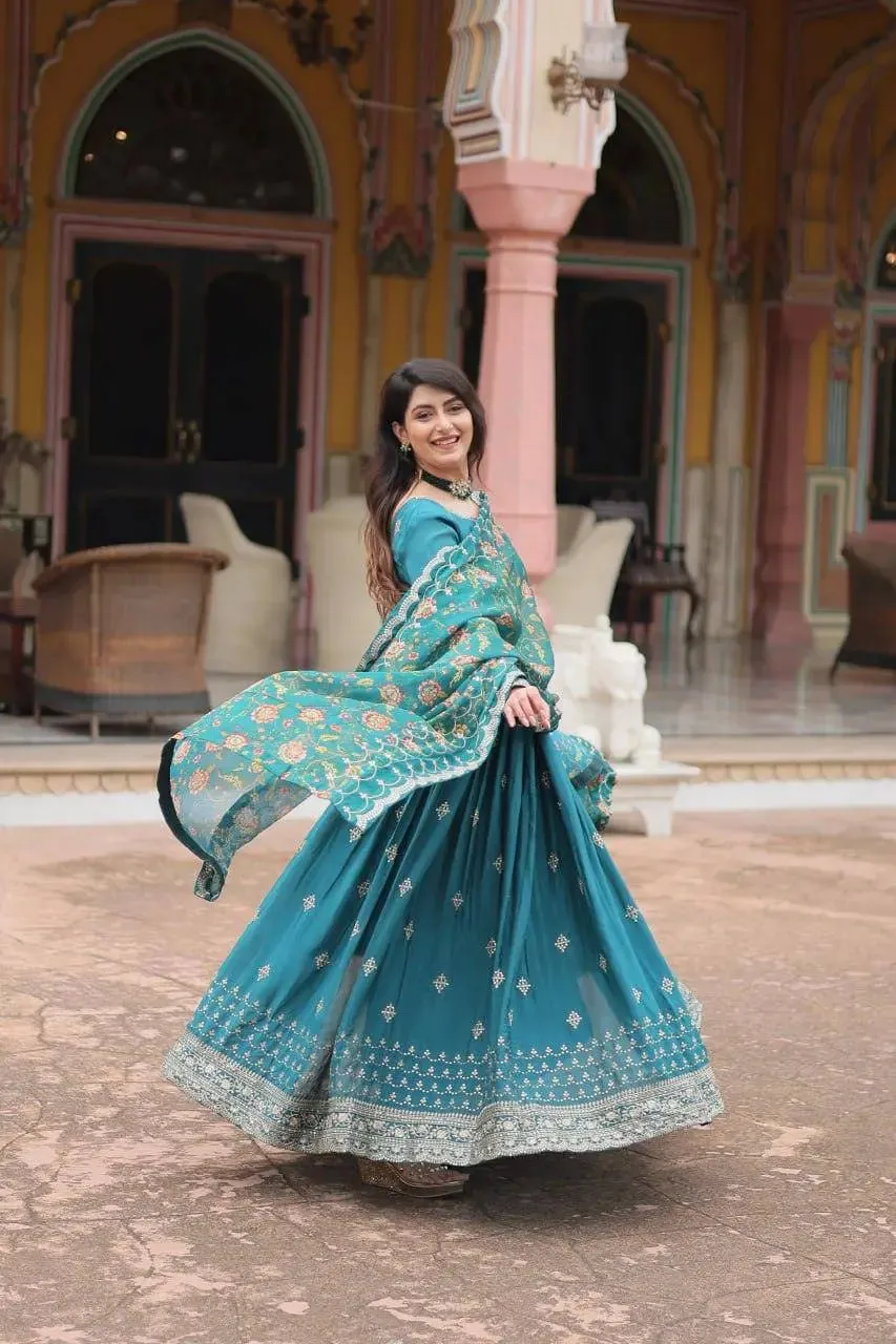 Get ready to shine with these stunning outfit Made from Chinon And Sequins Embroidered Work gown