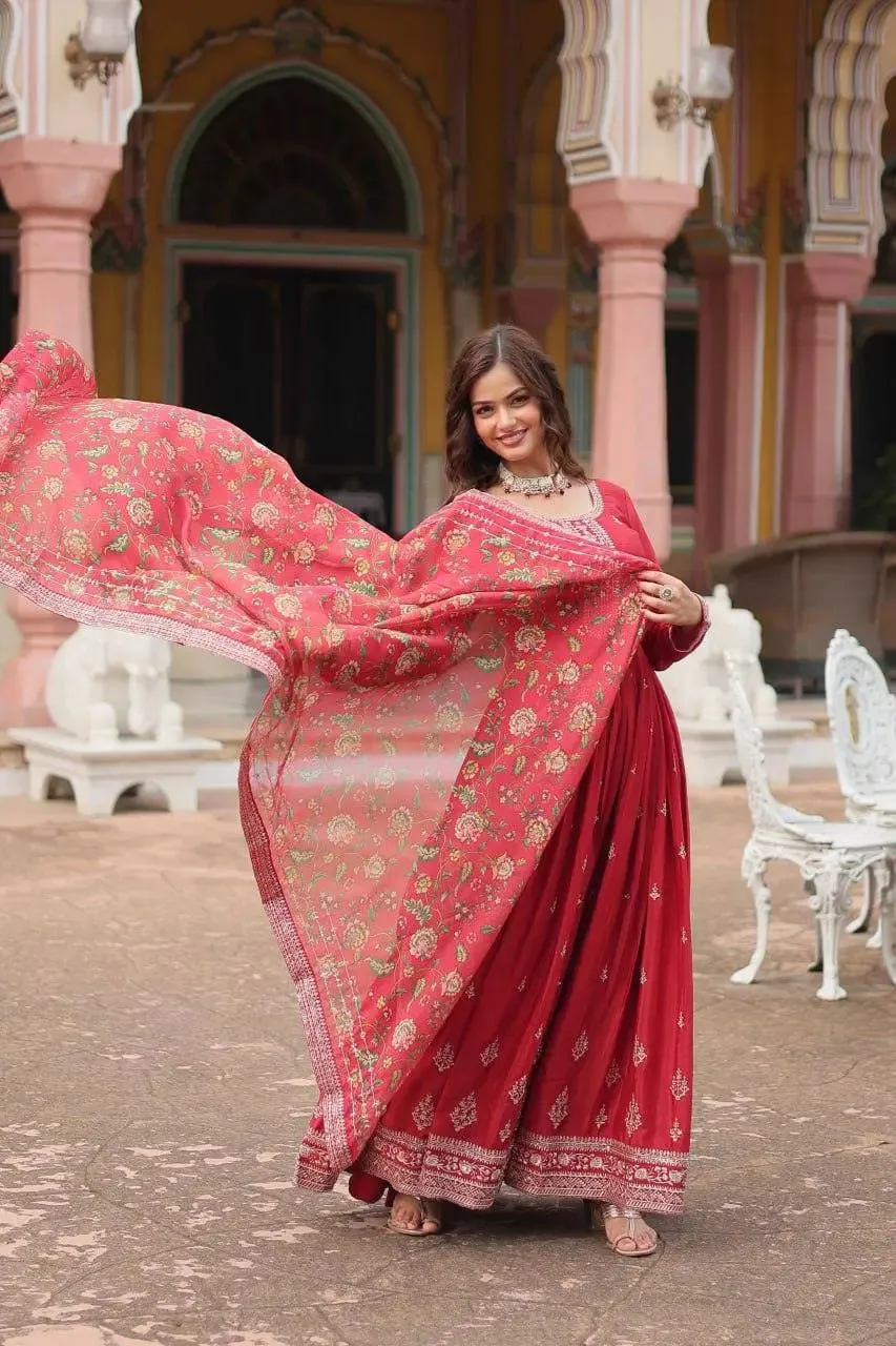 Get ready to shine with these stunning outfit Made from Chinon And Sequins Embroidered Work gown