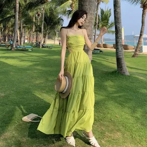 Green Spaghetti Strap Long Dress Layer Summer Dress 413
