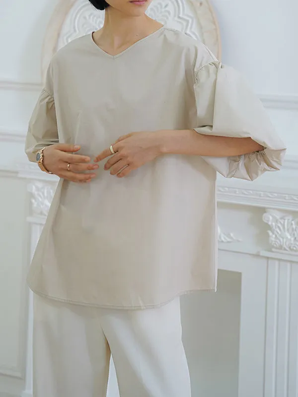 Half Sleeves Loose Solid Color V-Neck Blouses&Shirts Tops