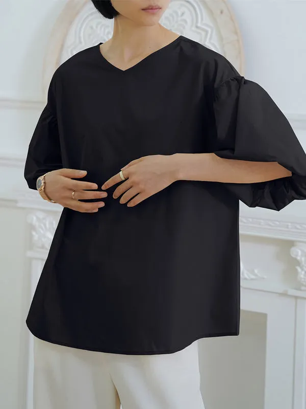 Half Sleeves Loose Solid Color V-Neck Blouses&Shirts Tops