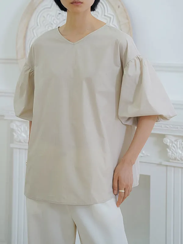 Half Sleeves Loose Solid Color V-Neck Blouses&Shirts Tops