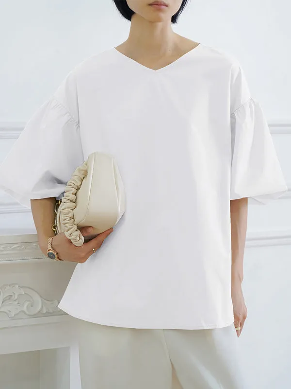 Half Sleeves Loose Solid Color V-Neck Blouses&Shirts Tops