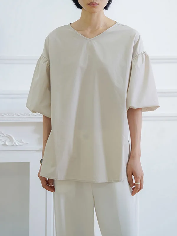 Half Sleeves Loose Solid Color V-Neck Blouses&Shirts Tops