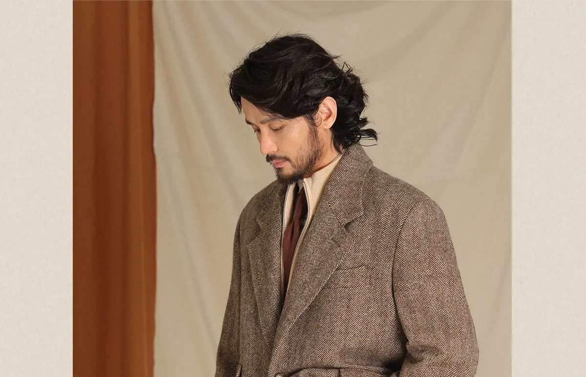 Herringbone Pattern Wool Chester Coat