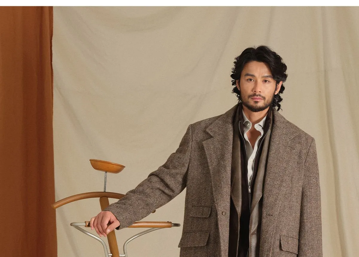 Herringbone Pattern Wool Chester Coat