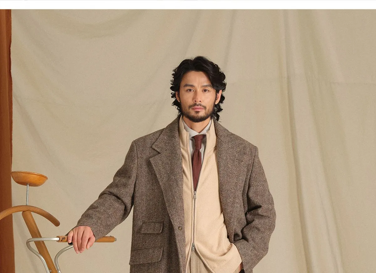 Herringbone Pattern Wool Chester Coat