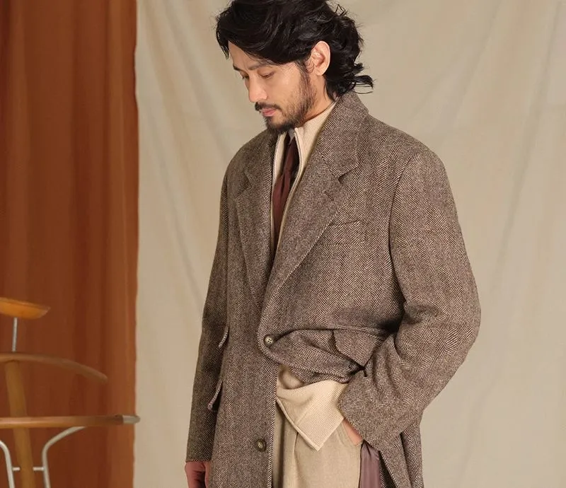 Herringbone Pattern Wool Chester Coat