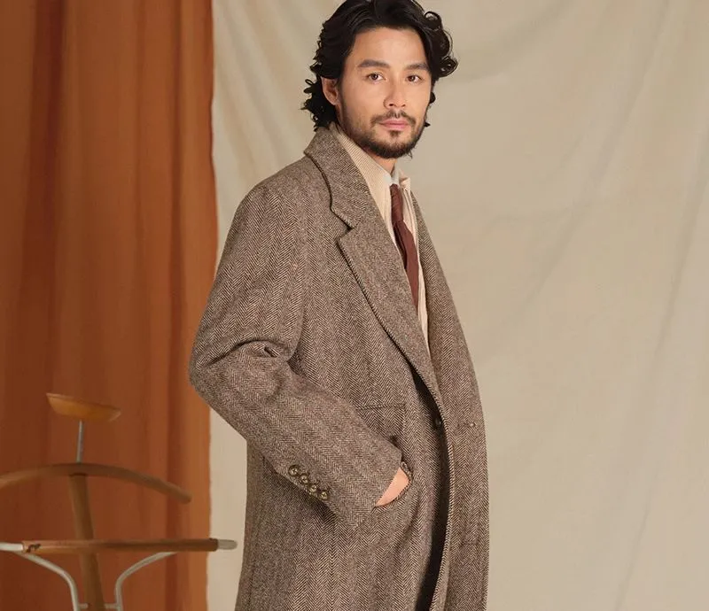 Herringbone Pattern Wool Chester Coat