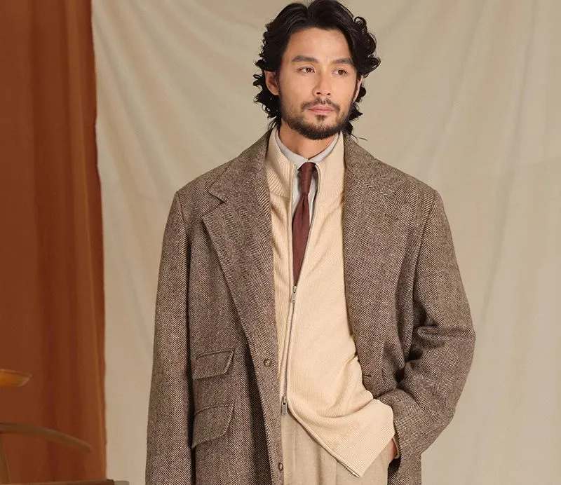 Herringbone Pattern Wool Chester Coat