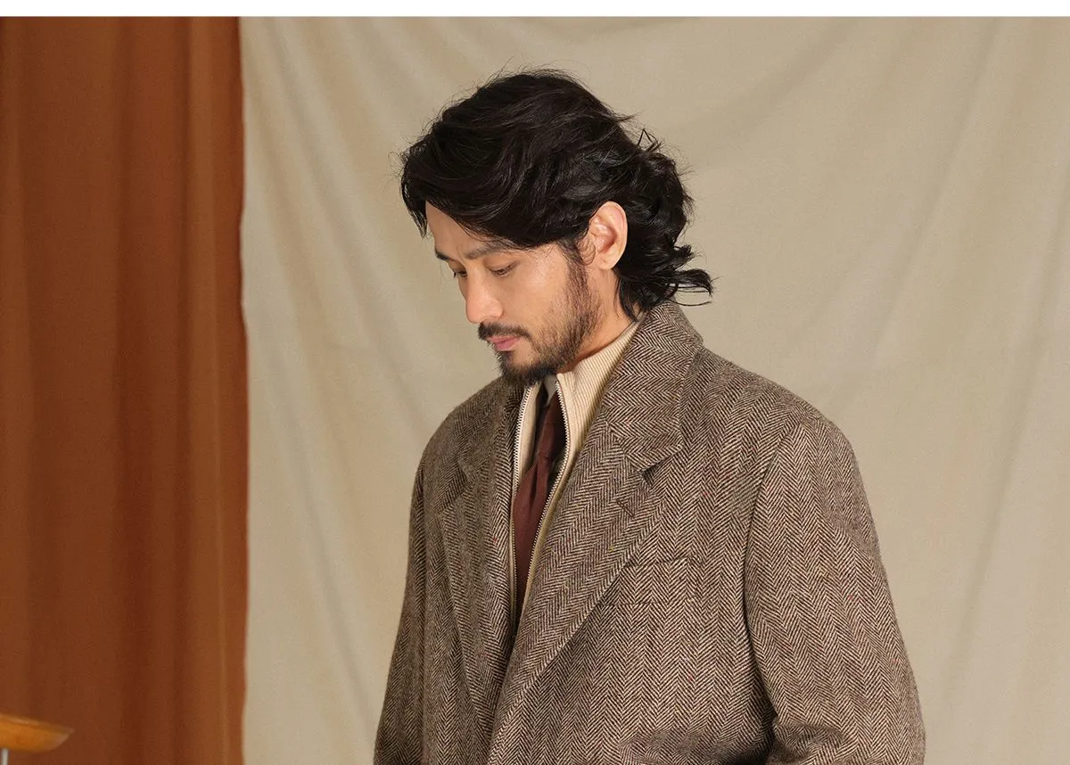 Herringbone Pattern Wool Chester Coat