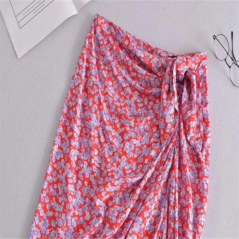 HIGH WAIST KNOT RED ELEGANT SKIRT