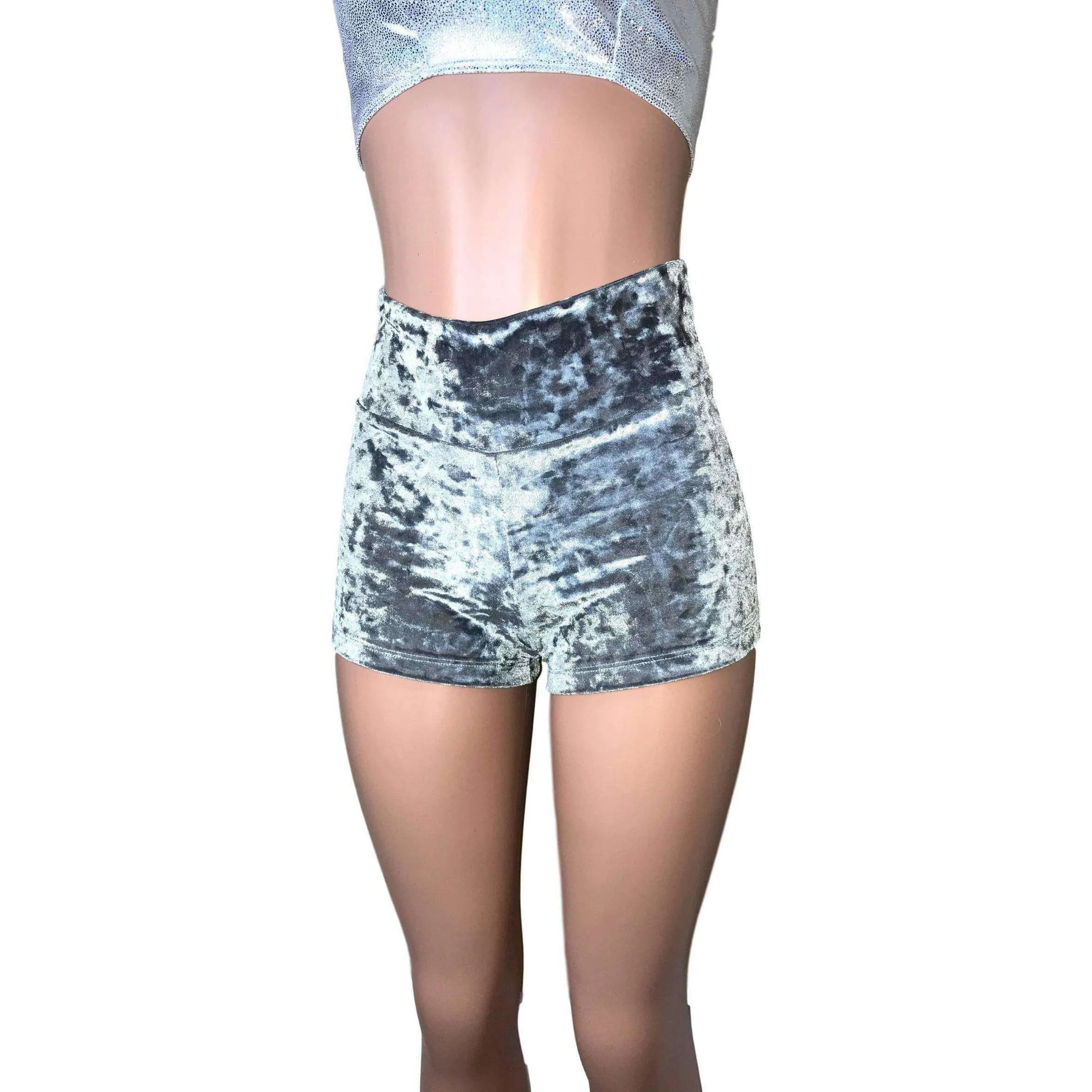 High Waisted Booty Shorts - Silver Gray Crushed Velvet