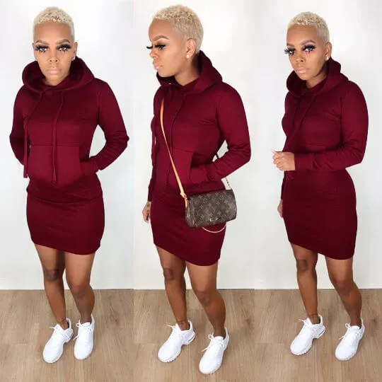 Hooded Pocket Bodycon Long Sleeve Mini Dress