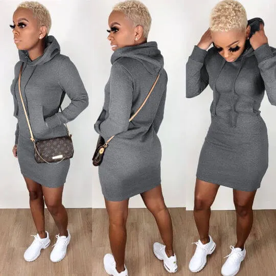 Hooded Pocket Bodycon Long Sleeve Mini Dress