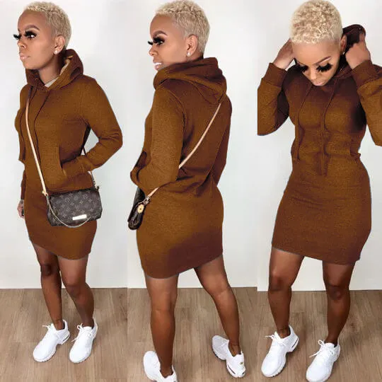 Hooded Pocket Bodycon Long Sleeve Mini Dress