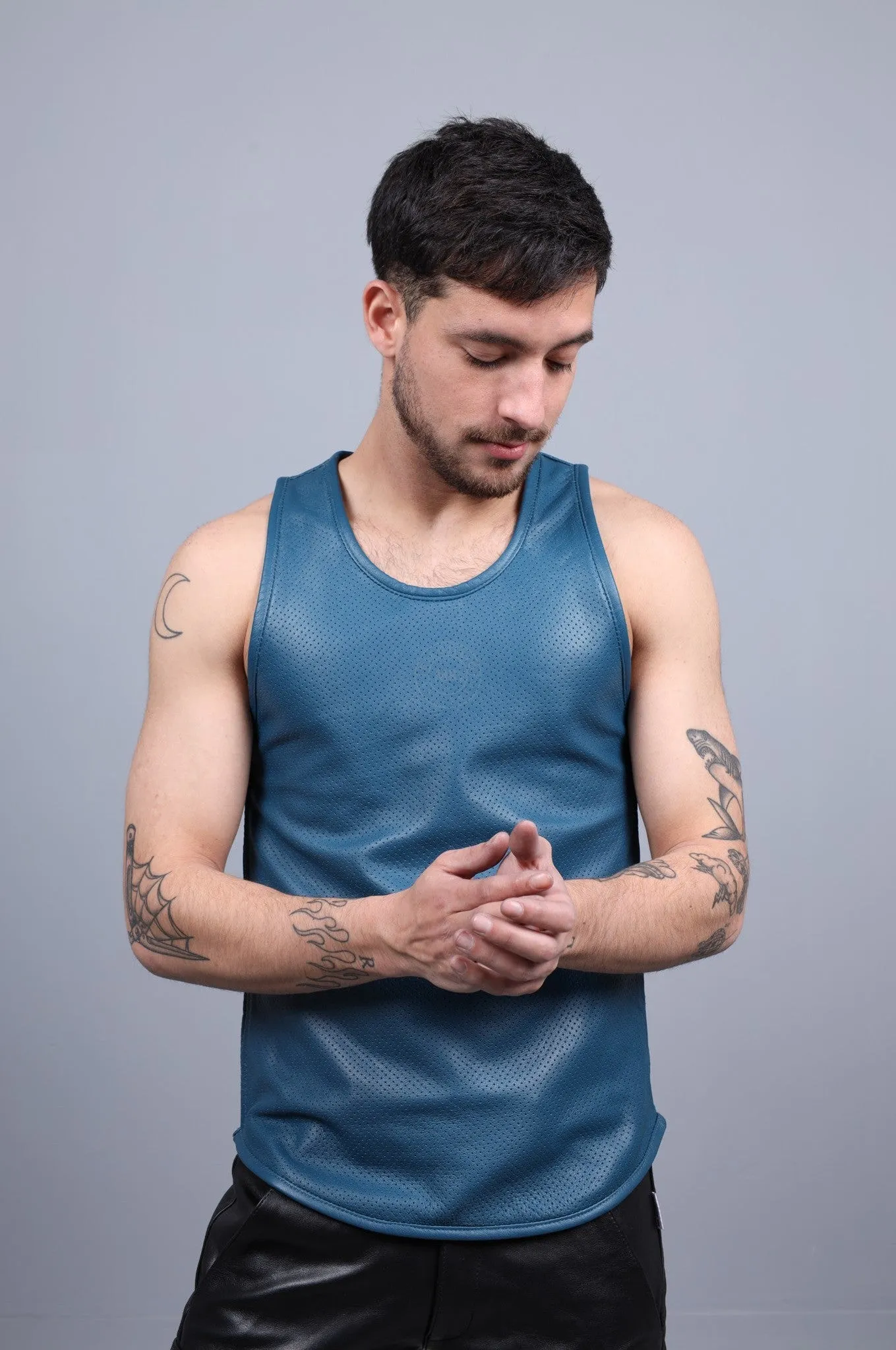 Jeans Blue Leather Perforated Tank Top
