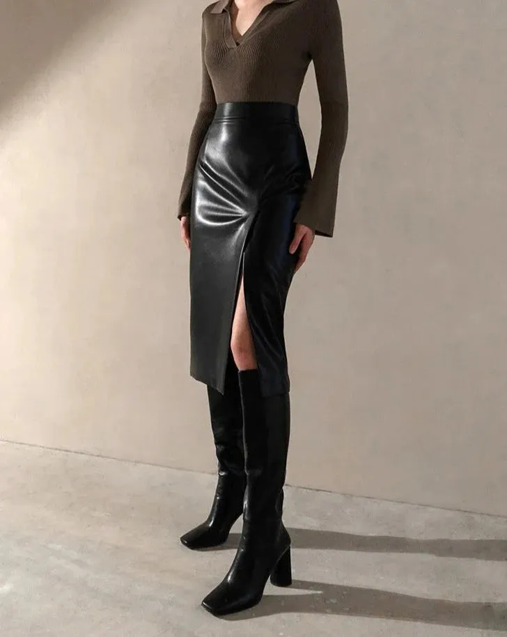 JOSEPHINE Vegan Leather High Waist Midi Skirt
