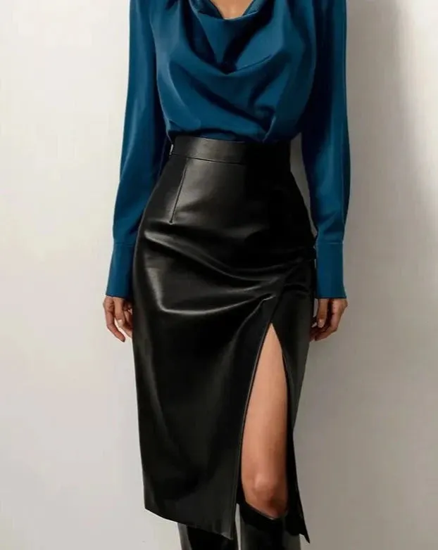 JOSEPHINE Vegan Leather High Waist Midi Skirt