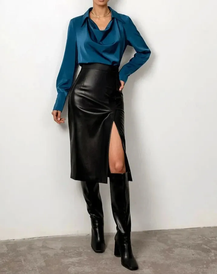 JOSEPHINE Vegan Leather High Waist Midi Skirt