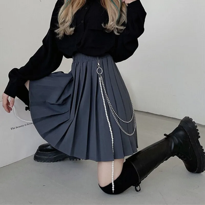 Joskaa Christmas Gift JMPRS Gothic Women Pleated Skirt Vintage High Waist Metal Chain Preppy Girls Dance Mini Skirt Korean A Line Black 2024 Skirts