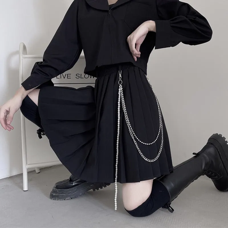 Joskaa Christmas Gift JMPRS Gothic Women Pleated Skirt Vintage High Waist Metal Chain Preppy Girls Dance Mini Skirt Korean A Line Black 2024 Skirts
