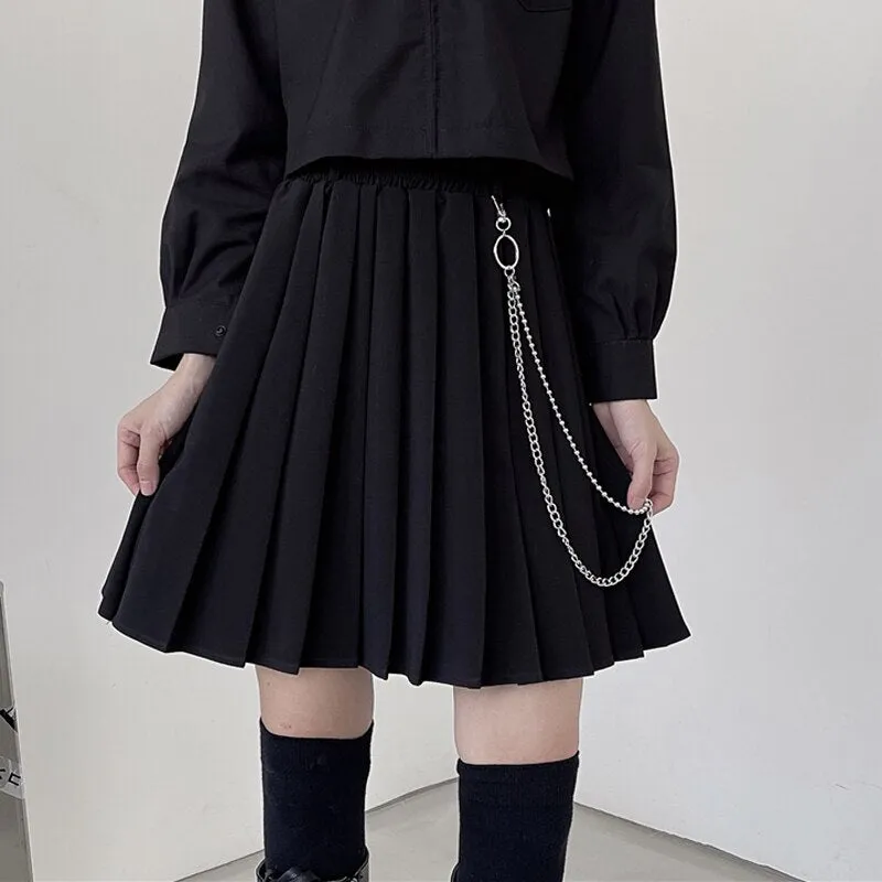 Joskaa Christmas Gift JMPRS Gothic Women Pleated Skirt Vintage High Waist Metal Chain Preppy Girls Dance Mini Skirt Korean A Line Black 2024 Skirts
