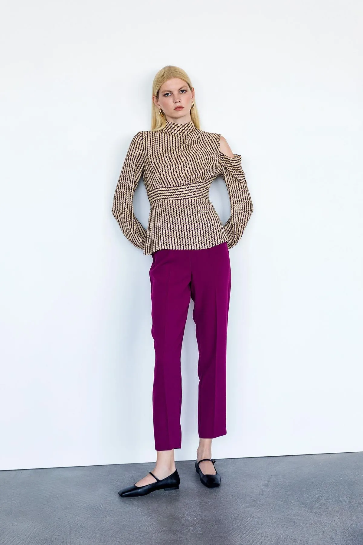 Line Patterned Stand Collar Blouse Yellow
