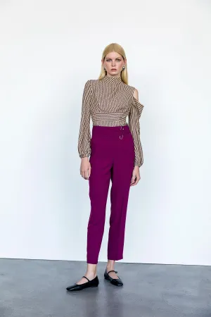 Line Patterned Stand Collar Blouse Yellow