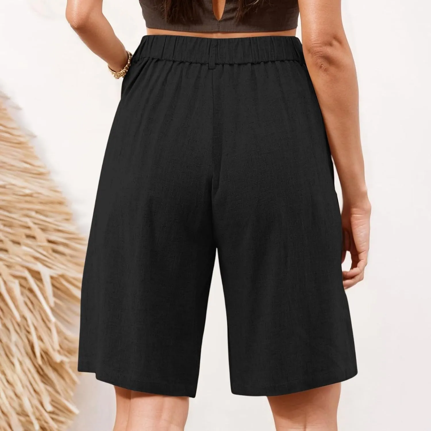 Linen Bermuda Shorts for Women Knee Length Summer High Waisted Shorts Casual Baggy Beach Pedal Pushers with Pockets