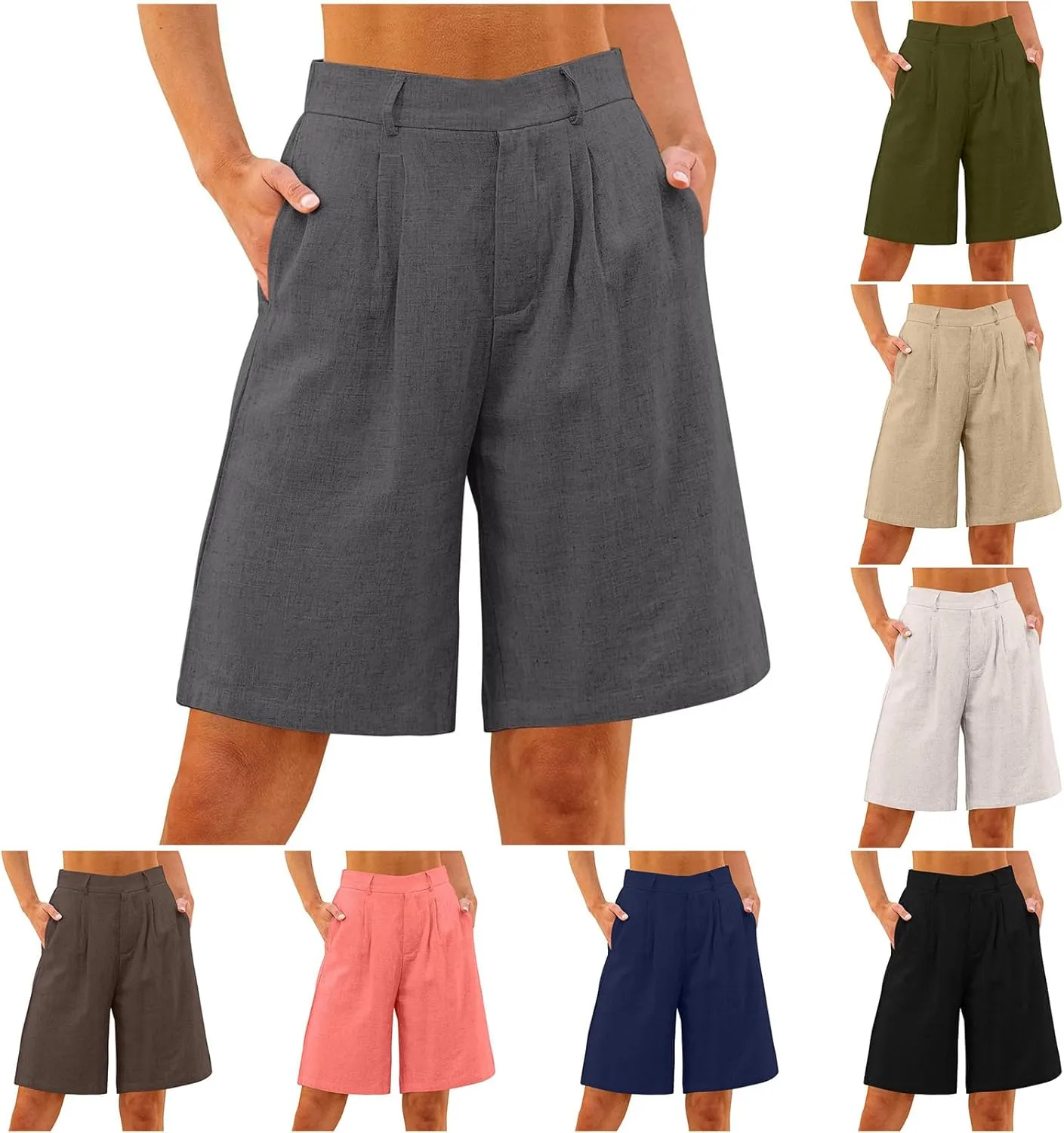 Linen Bermuda Shorts for Women Knee Length Summer High Waisted Shorts Casual Baggy Beach Pedal Pushers with Pockets