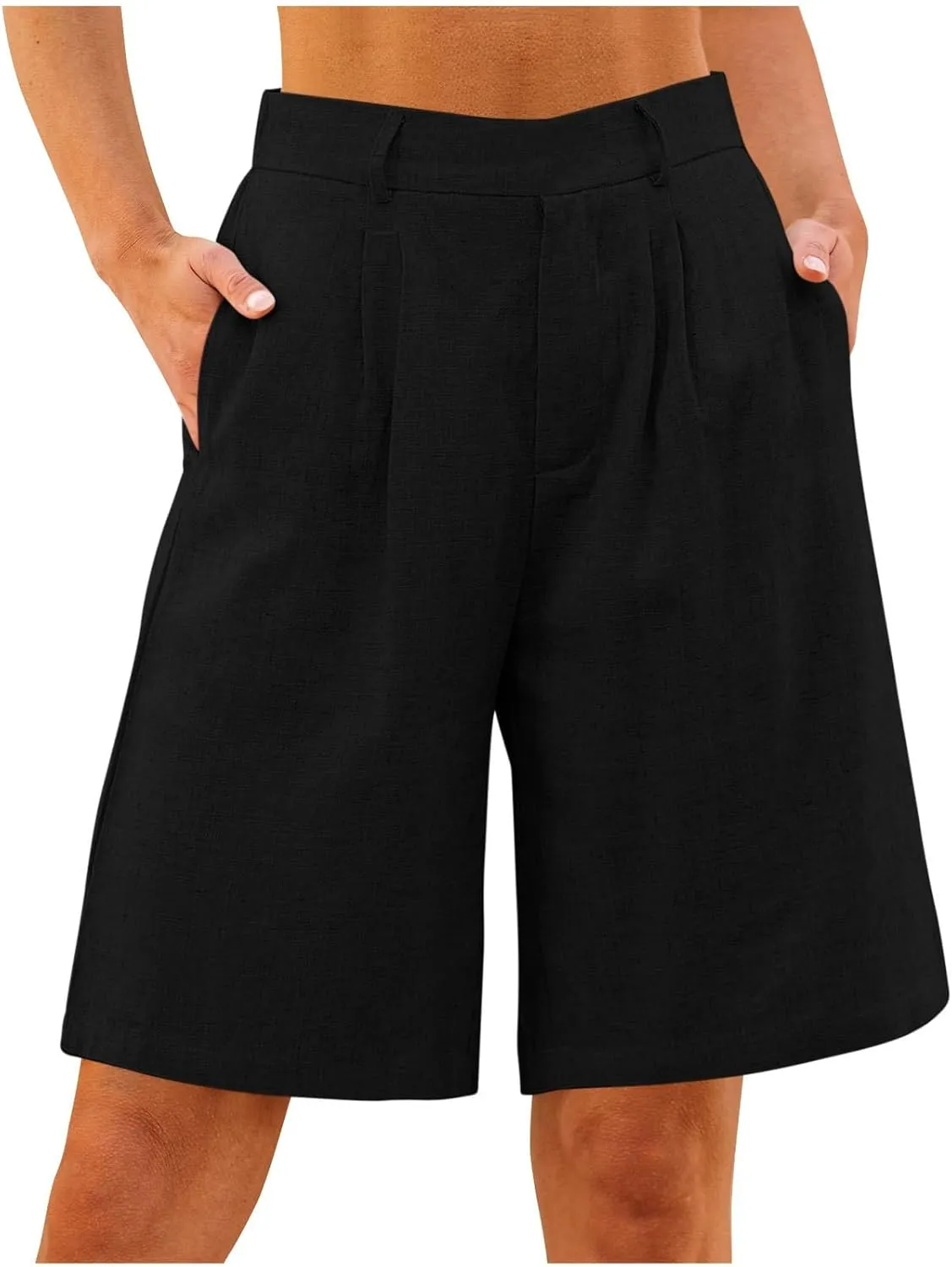 Linen Bermuda Shorts for Women Knee Length Summer High Waisted Shorts Casual Baggy Beach Pedal Pushers with Pockets