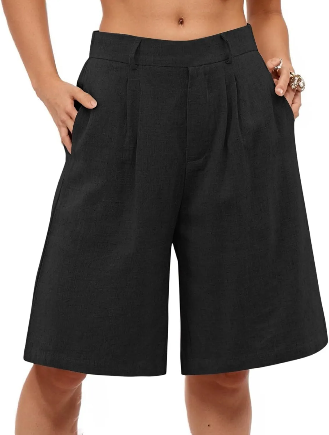 Linen Bermuda Shorts for Women Knee Length Summer High Waisted Shorts Casual Baggy Beach Pedal Pushers with Pockets
