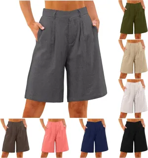 Linen Bermuda Shorts for Women Knee Length Summer High Waisted Shorts Casual Baggy Beach Pedal Pushers with Pockets