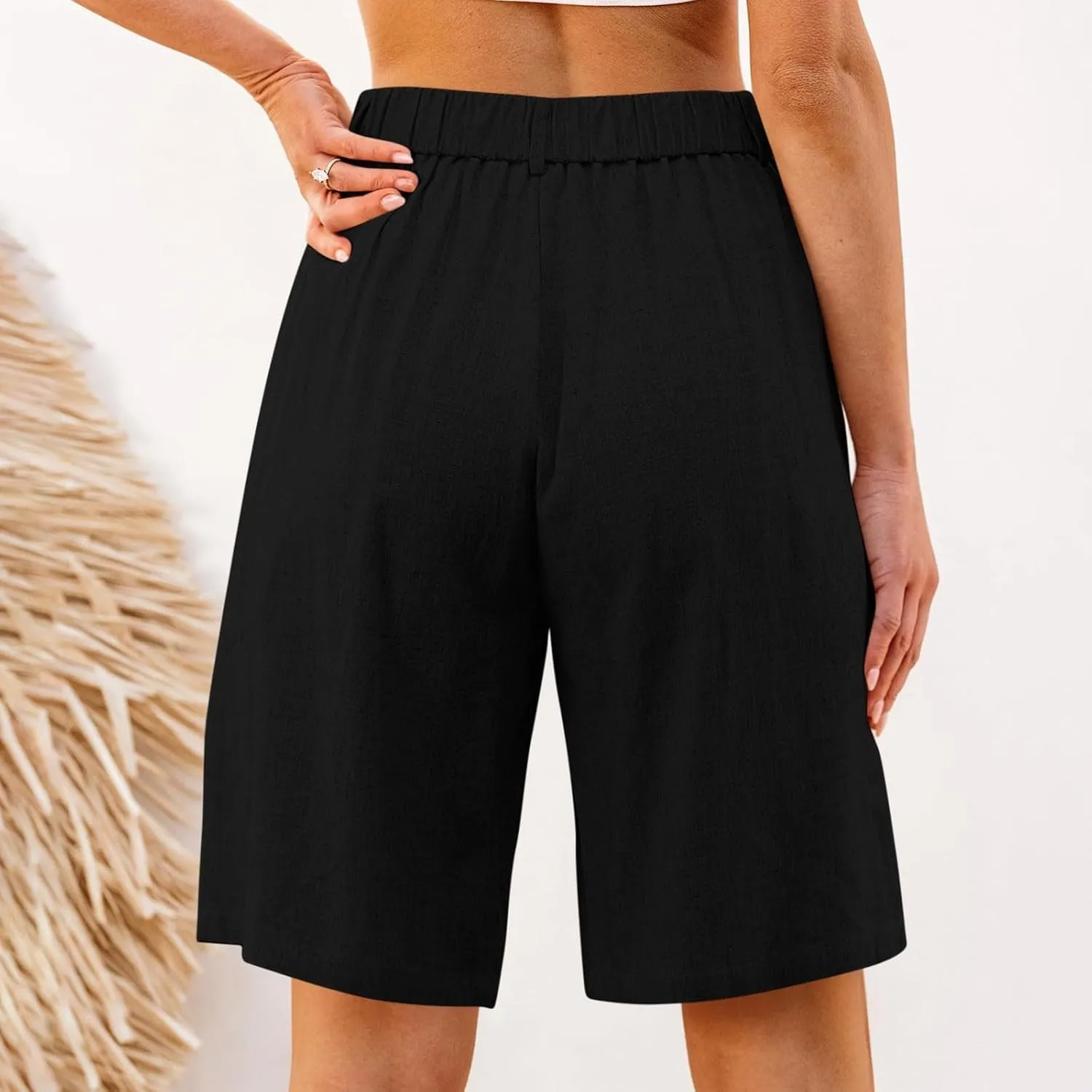 Linen Bermuda Shorts for Women Knee Length Summer High Waisted Shorts Casual Baggy Beach Pedal Pushers with Pockets