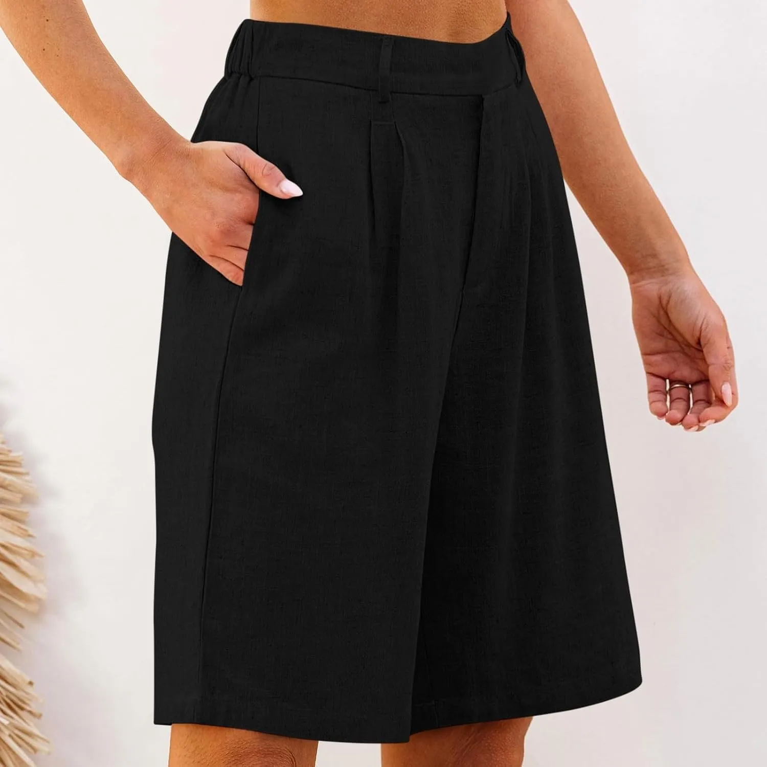 Linen Bermuda Shorts for Women Knee Length Summer High Waisted Shorts Casual Baggy Beach Pedal Pushers with Pockets
