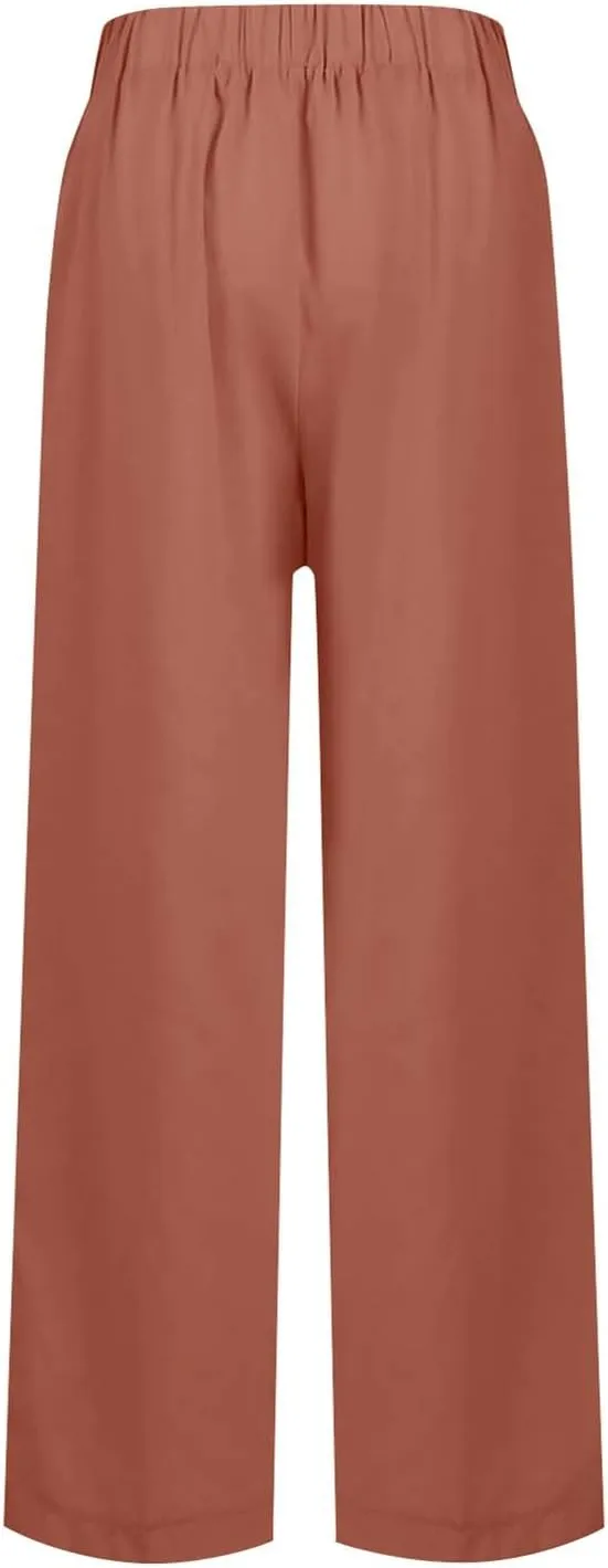 Linen Pants Women Wide Leg Flowy Boho Pants Lounge Pants Loose Fit with Pockets Palazzo Pants Beach