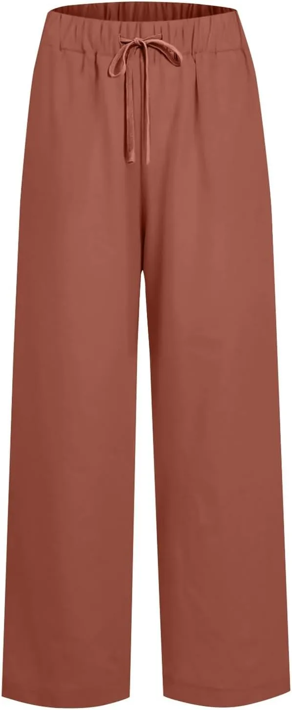 Linen Pants Women Wide Leg Flowy Boho Pants Lounge Pants Loose Fit with Pockets Palazzo Pants Beach