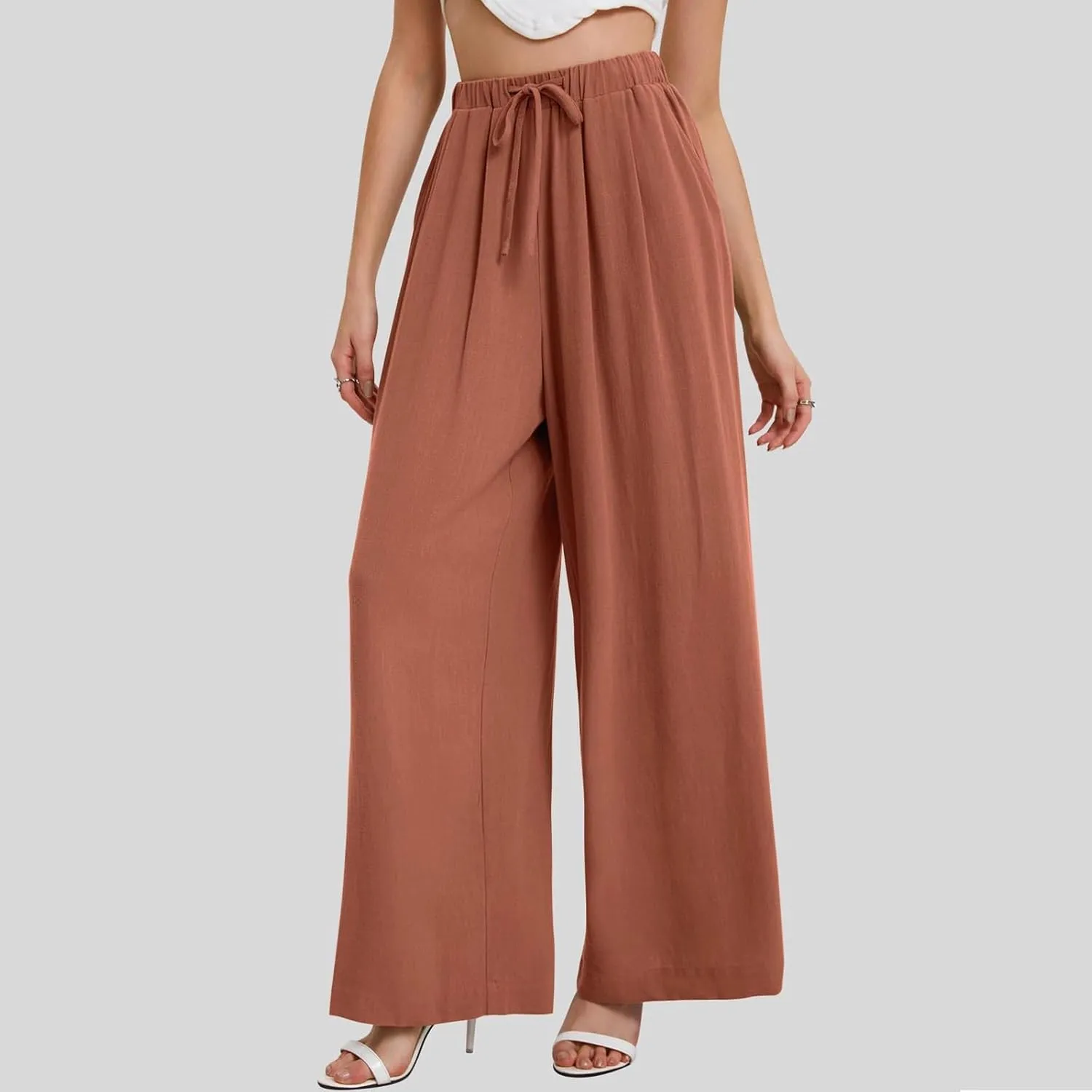 Linen Pants Women Wide Leg Flowy Boho Pants Lounge Pants Loose Fit with Pockets Palazzo Pants Beach
