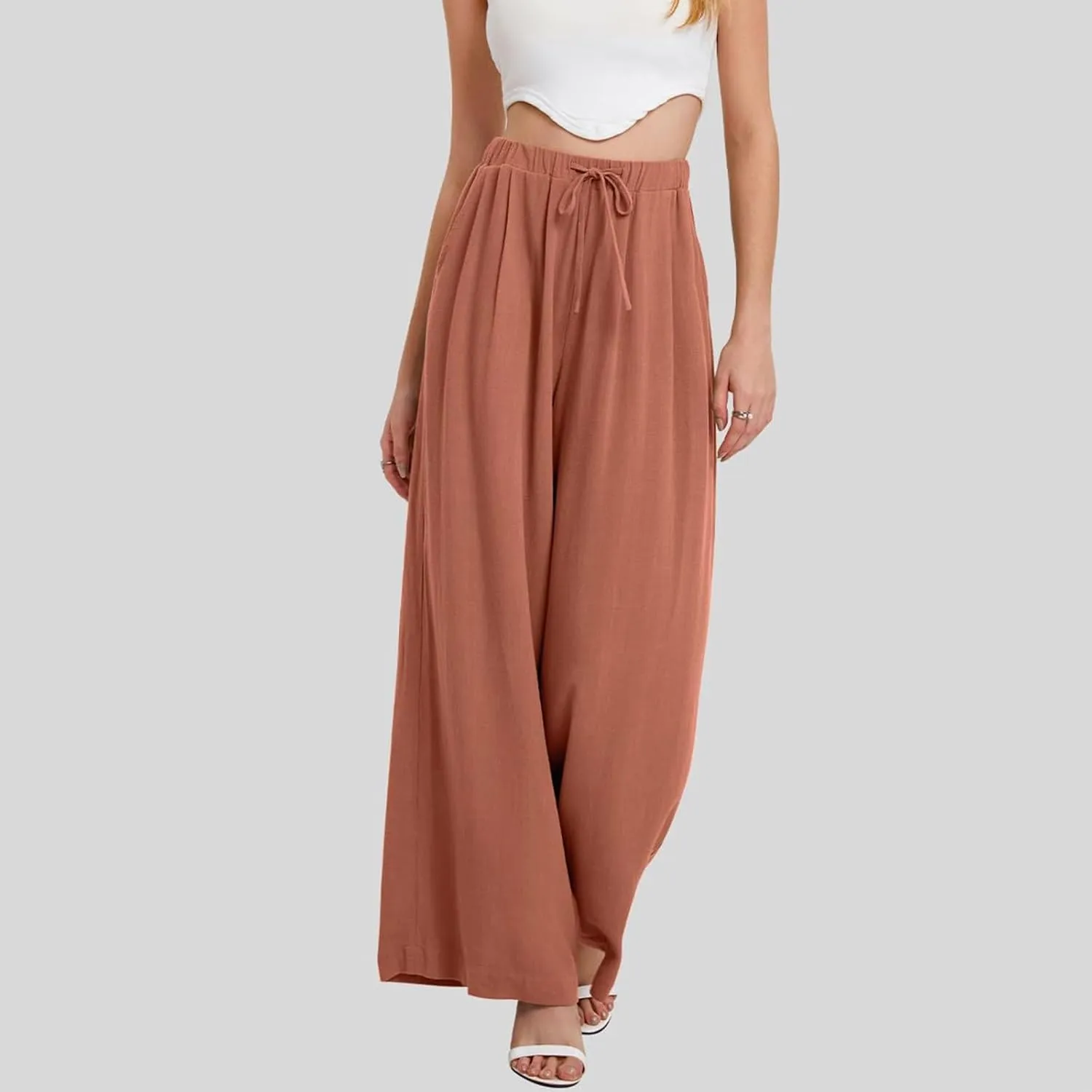 Linen Pants Women Wide Leg Flowy Boho Pants Lounge Pants Loose Fit with Pockets Palazzo Pants Beach