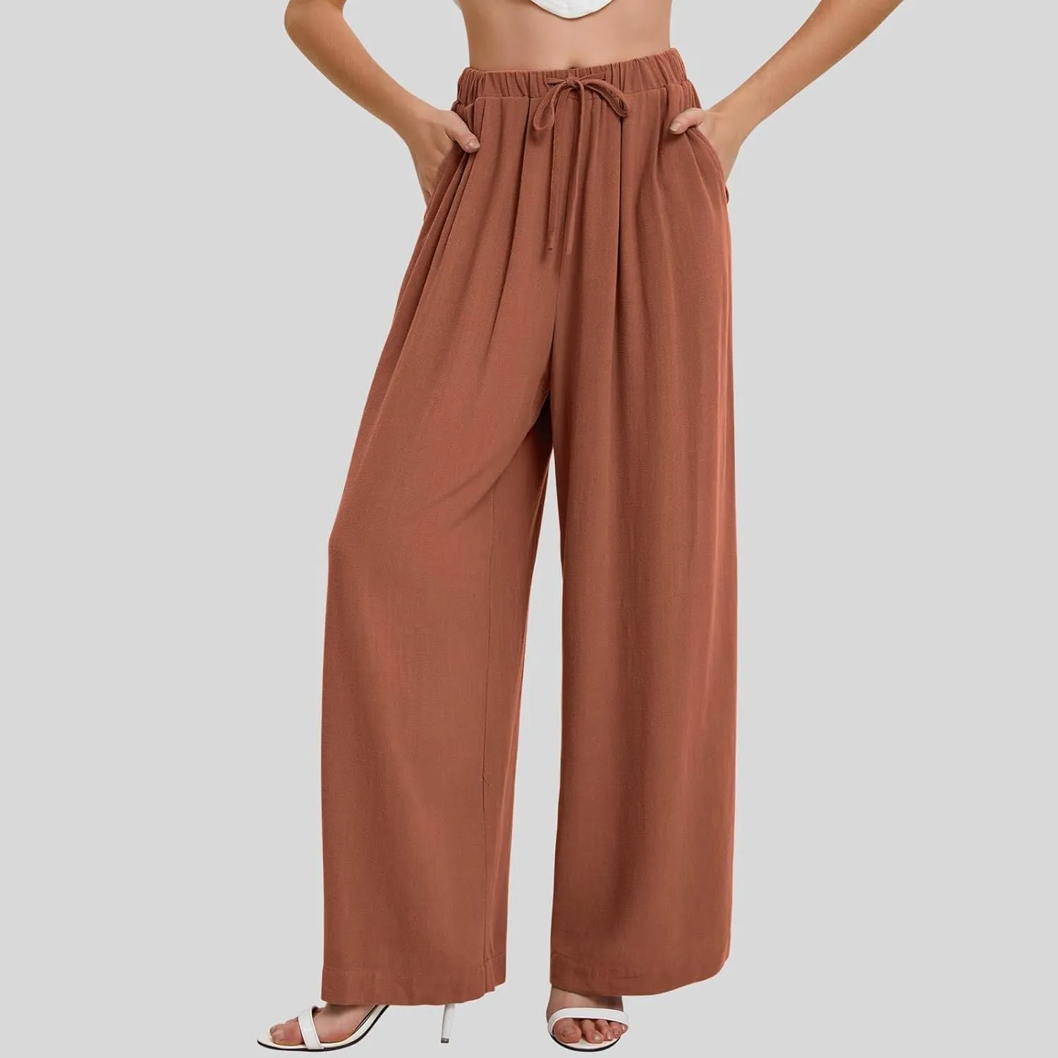 Linen Pants Women Wide Leg Flowy Boho Pants Lounge Pants Loose Fit with Pockets Palazzo Pants Beach