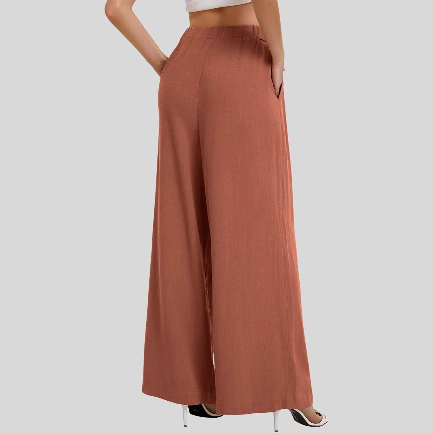 Linen Pants Women Wide Leg Flowy Boho Pants Lounge Pants Loose Fit with Pockets Palazzo Pants Beach