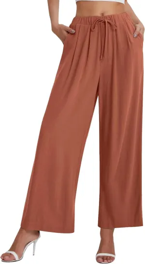 Linen Pants Women Wide Leg Flowy Boho Pants Lounge Pants Loose Fit with Pockets Palazzo Pants Beach