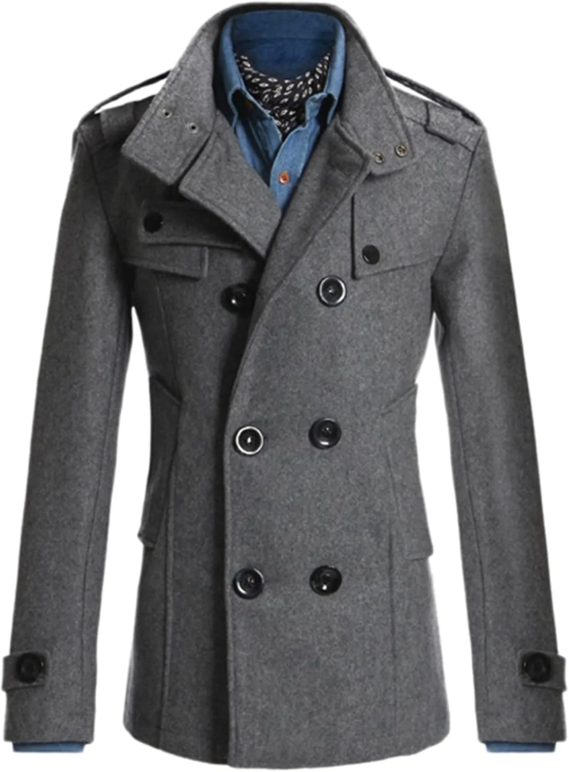Lu's Chic Men's Long Sleeve Tops Double Breasted Slim Fit Pea Coat Jacket Fashion Outerwear