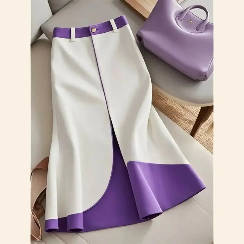 LVSANW Fashion Contrast Color Midi Skirt Autumn New Women Elastic High Waist Slim A-Line Skirt Elegant Patchwork Office Lady Jupe 475P