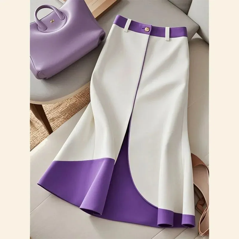 LVSANW Fashion Contrast Color Midi Skirt Autumn New Women Elastic High Waist Slim A-Line Skirt Elegant Patchwork Office Lady Jupe 475P