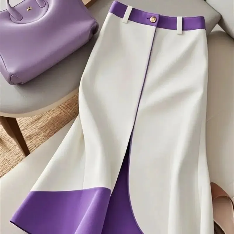 LVSANW Fashion Contrast Color Midi Skirt Autumn New Women Elastic High Waist Slim A-Line Skirt Elegant Patchwork Office Lady Jupe 475P