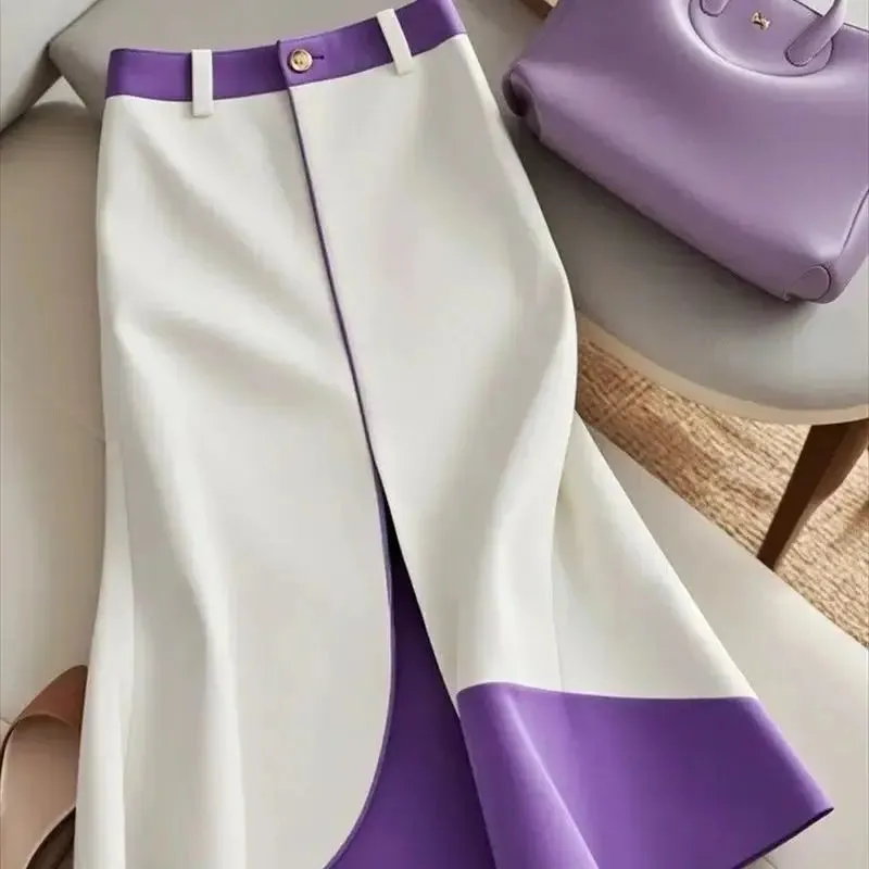LVSANW Fashion Contrast Color Midi Skirt Autumn New Women Elastic High Waist Slim A-Line Skirt Elegant Patchwork Office Lady Jupe 475P