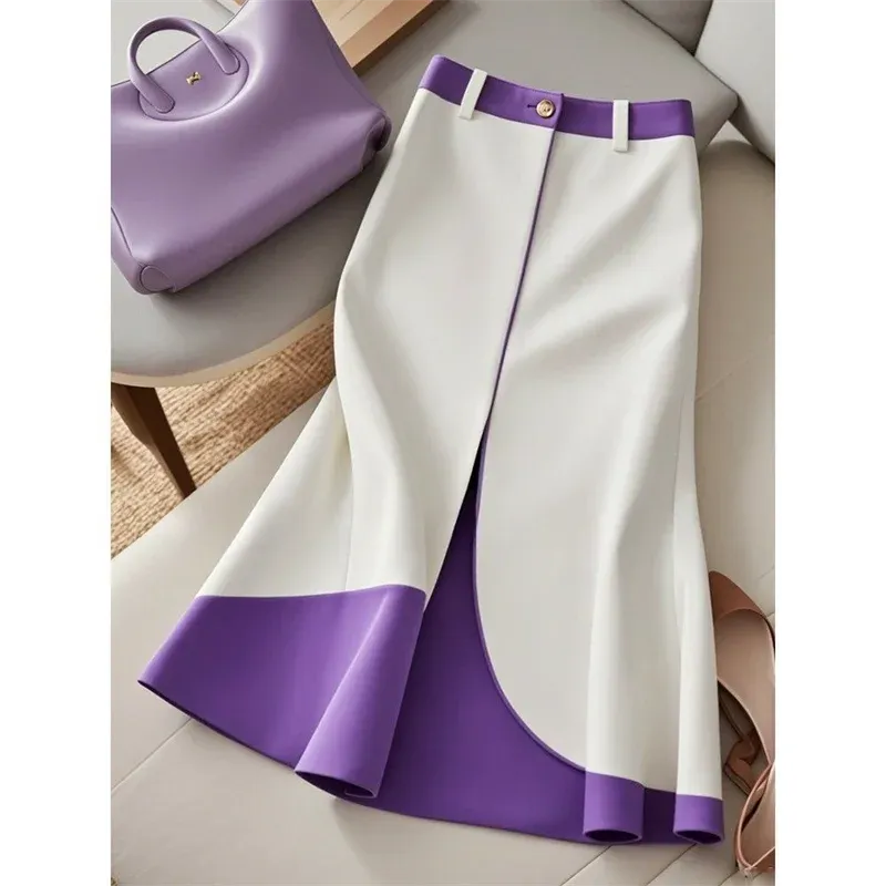 LVSANW Fashion Contrast Color Midi Skirt Autumn New Women Elastic High Waist Slim A-Line Skirt Elegant Patchwork Office Lady Jupe 475P